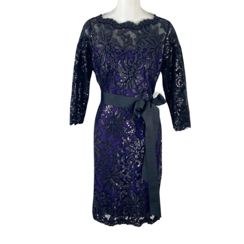 Tadashi Shoji Black Lace Purple Belted 3/4 Sleeve Cocktail Dress 12P 12 Petite